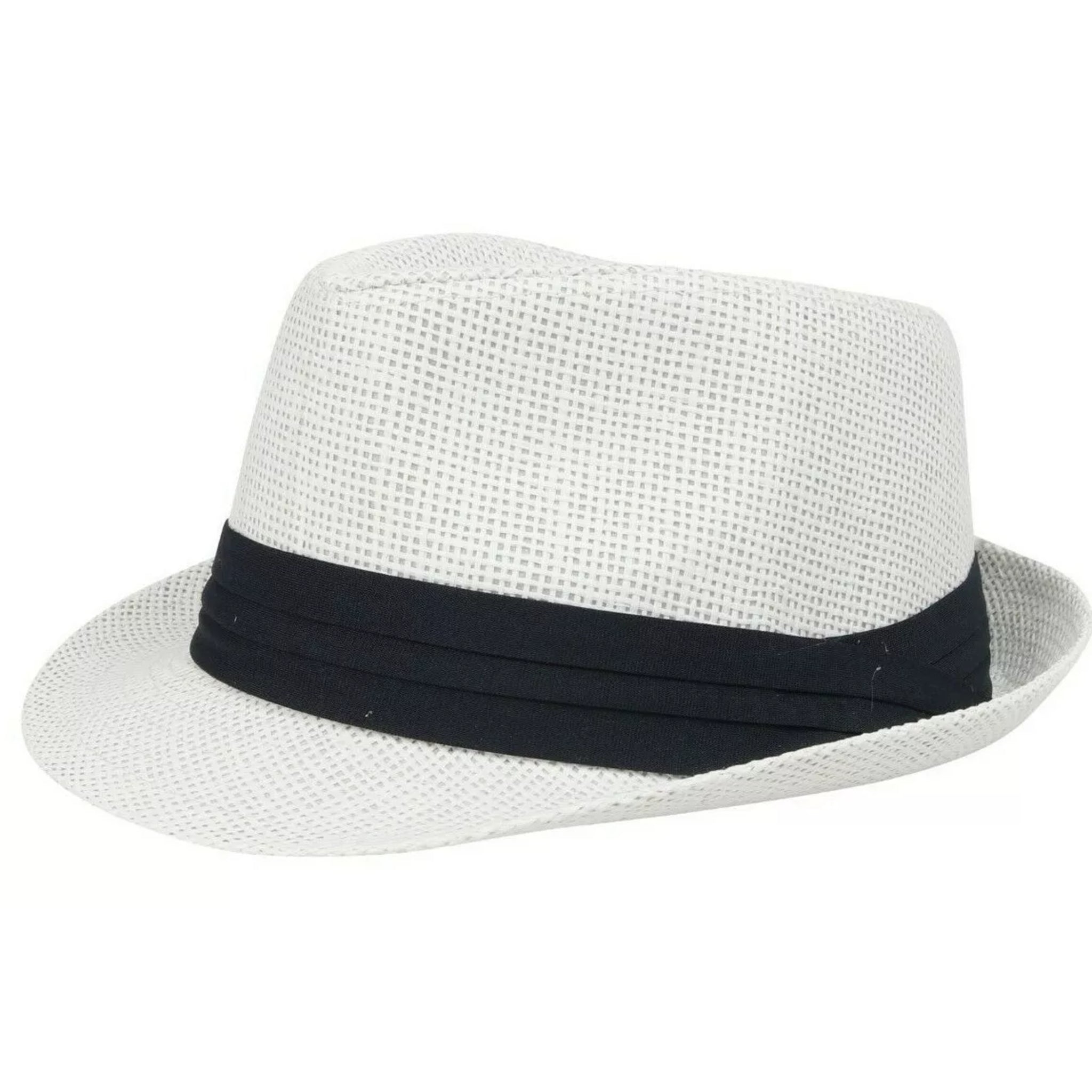 White straw trilby sun hat with navy band for men and women summer fashion